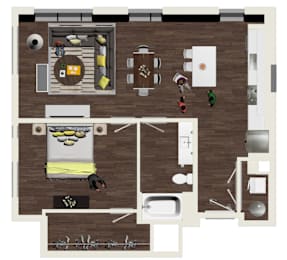 A floor plan of a house with a kitchen, living room, dining room, and bathroom.