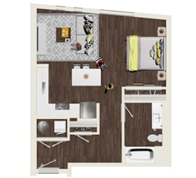 A floor plan of a kitchen with a refrigerator, sink, and oven.