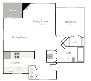 A floor plan of a house with a patio, living room, dining room, kitchen, bath, and bedroom.