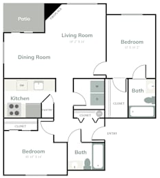 A floor plan of a home with a patio, living room, dining room, kitchen, and two bedrooms.