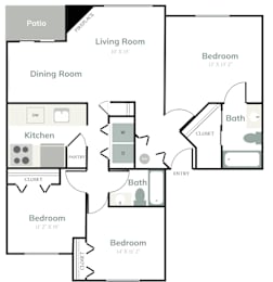 A floor plan of a house with a patio, living room, dining room, kitchen, and three bedrooms.