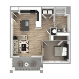 Floor Plan  The Grande at Geyser Falls 1-Bedroom Apartment. It is a top-down view, featuring carpeted bedrooms and light brown luxury vinyl tile floor. Kitchen features stainless steel appliances and an island.