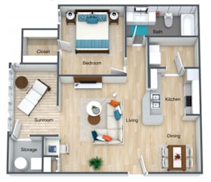 Floor Plan  A floor plan of a small apartment with a bedroom, living room, kitchen, and bathroom.