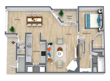 Floor Plan  A floor plan of a house showing a kitchen, living room, dining room, bedroom, and bathroom.