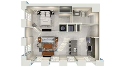 a floor plan of a house with a bedroom and a living room