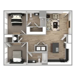 Floor Plan  The Grande at Geyser Falls 2-Bedroom Unit 1 Apartment. It is a top-down view, featuring carpeted bedrooms and light brown luxury vinyl tile floor. Kitchen features stainless steel appliances and an island.