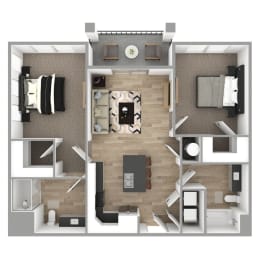 Floor Plan  The Grande at Geyser Falls 2-Bedroom Unit 2 Apartment. It is a top-down view, featuring carpeted bedrooms and light brown luxury vinyl tile floor. Kitchen features stainless steel appliances and an island.