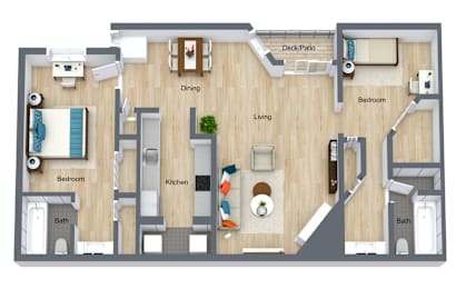 Floor Plan  A floor plan of a small apartment with a living area, kitchen, and two bedrooms.