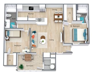 Floor Plan  A floor plan of a house with a living room, dining room, kitchen, two bedrooms, a bathroom, a sunroom, and a storage area.