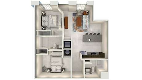 a floor plan of a studio apartment with a bedroom and a living room