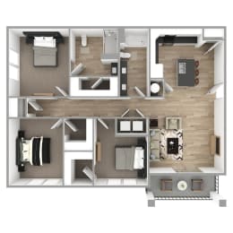 Floor Plan  The Grande at Geyser Falls 3-Bedroom Apartment. It is a top-down view, featuring carpeted bedrooms and light brown luxury vinyl tile floor. Kitchen features stainless steel appliances and an island.