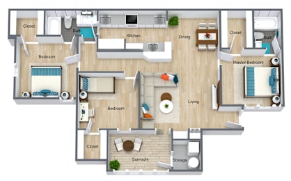 Floor Plan  A floor plan of a house with two bedrooms, a living room, a kitchen, a storage area, a sunroom, and a master bedroom.