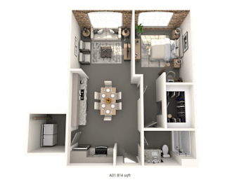 A 3D floor plan of a small apartment with a kitchen, living room, and bathroom.