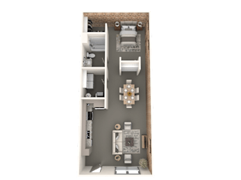 A detailed 3D floor plan of a small apartment.