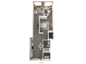 A floor plan of a small apartment with a kitchen, living room, and bathroom.