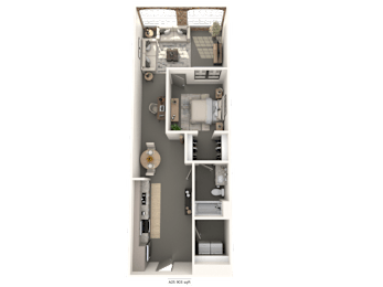 A floor plan of a small apartment with a kitchen, living room, and bathroom.