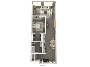 A floor plan of a small apartment with a kitchen, living room, and bathroom.