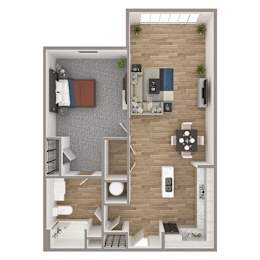Floor Plan  A top-down view of a small apartment with a bedroom, living room, and kitchen.