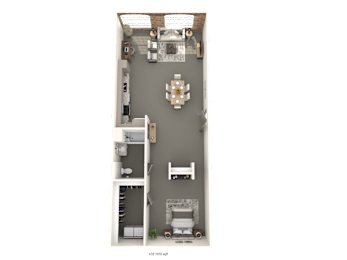 A floor plan of a house with a kitchen, living room, and two bedrooms.