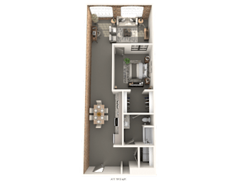 A floor plan of a small apartment with a kitchen, living room, and bathroom.