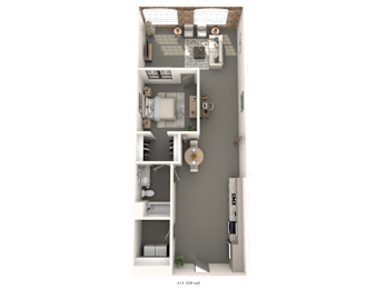 A floor plan of a small apartment with a kitchen, living room, and bathroom.