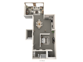 A 3D floor plan of a house with a living room, kitchen, and bathroom.