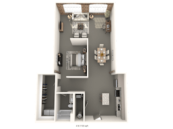 A floor plan of a small apartment with a kitchen, living room, and bathroom.