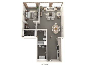 A floor plan of a house with a living room, kitchen, and two bedrooms.