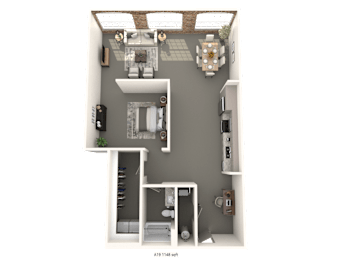 A 3D floor plan of a small apartment with a kitchen, living room, and bathroom.