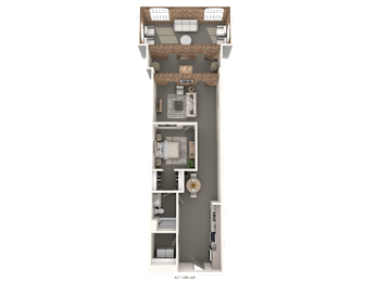 A floor plan of an apartment with a living room, kitchen, and two bedrooms.