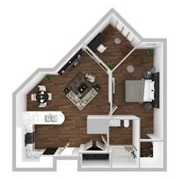Floor Plan  A top-down view of a house layout with a living room, kitchen, and bedrooms.