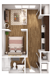 a 3d rendering of a bedroom with a wood floor