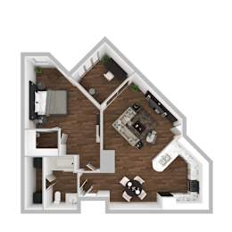 Floor Plan  A top down view of a house with a kitchen, living room, and bedrooms.