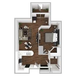 Floor Plan  A top-down view of a modern apartment layout with a kitchen, living room, and bedrooms.