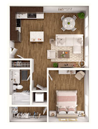a 3d rendering of a bedroom with a bathroom and a living room