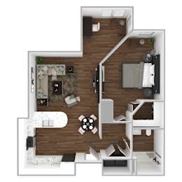 Floor Plan  A top-down view of a modern apartment layout with a kitchen, living room, and bedrooms.