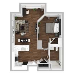 Floor Plan  A top down view of a living room with a couch, a chair, a coffee table, and a television.