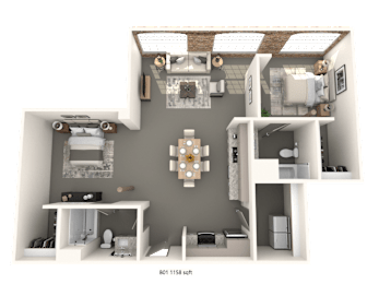 A 3D floor plan of a house with a living room, kitchen, and two bedrooms.