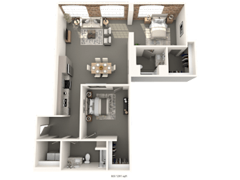 A 3D floor plan of a house with a living room, kitchen, and two bedrooms.