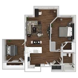 Floor Plan  A top-down view of a modern apartment layout with a kitchen, living room, and bedrooms.