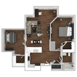 Floor Plan  A top down view of a house layout with a kitchen, living room, and bedrooms.