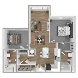 Floor Plan  A top-down view of a modern apartment layout with a kitchen, living room, and two bedrooms.