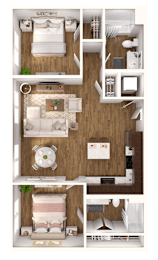 a 3d rendering of a bedroom with a bathroom and a living room
