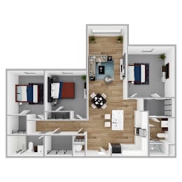Floor Plan  A top-down view of a modern apartment layout with a kitchen, living room, and bedrooms.
