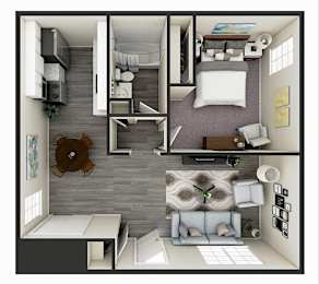 A 3D rendered image of a small apartment layout.