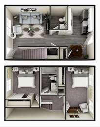 A top-down view of a living room and a bedroom.