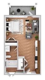 A top-down view of a small apartment layout with a kitchen, living room, and bathroom.