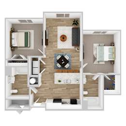 A top down view of a small apartment with a kitchen, living room, and bedroom.