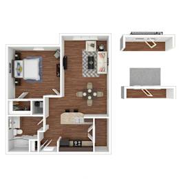 Floor Plan  A 3D floor plan of a small apartment with a kitchen, living room, and bedroom.