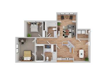 Floor Plan  A 3D floor plan of a house with a kitchen, living room, and two bedrooms.